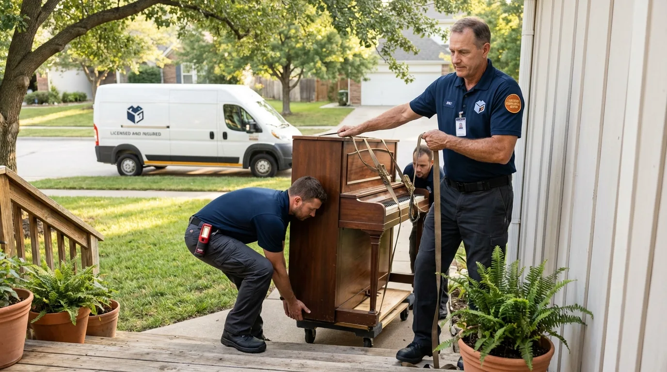 Licensed piano movers securing grand piano in Mechanicville, NY