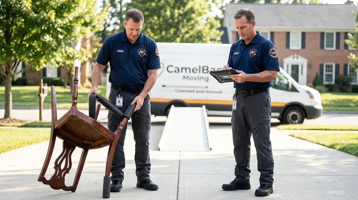Movers inspecting furniture for damage prevention before loading in Mechanicville, NY