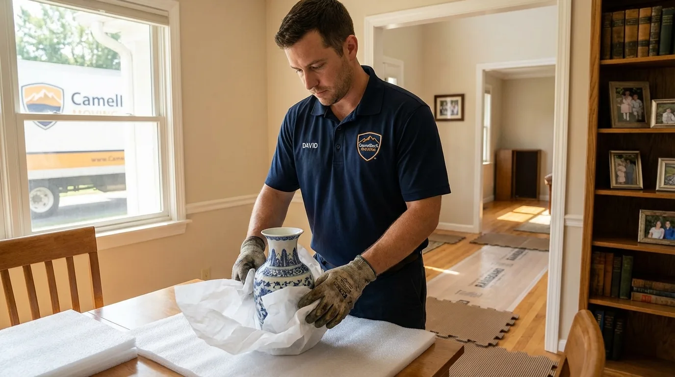 Professional crew carefully wrapping antique vase for senior downsizing move in Mechanicville, NY